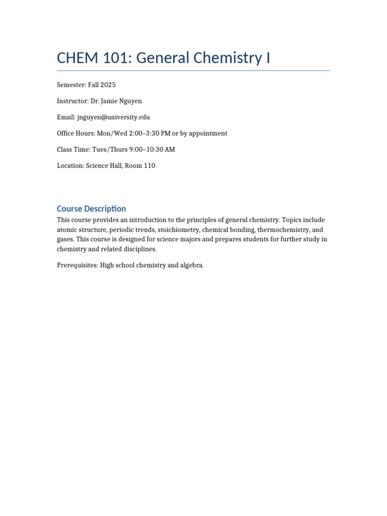 Chem 101 Syllabus: Fall 2025 Overview | PDF | Chemistry | Stoichiometry