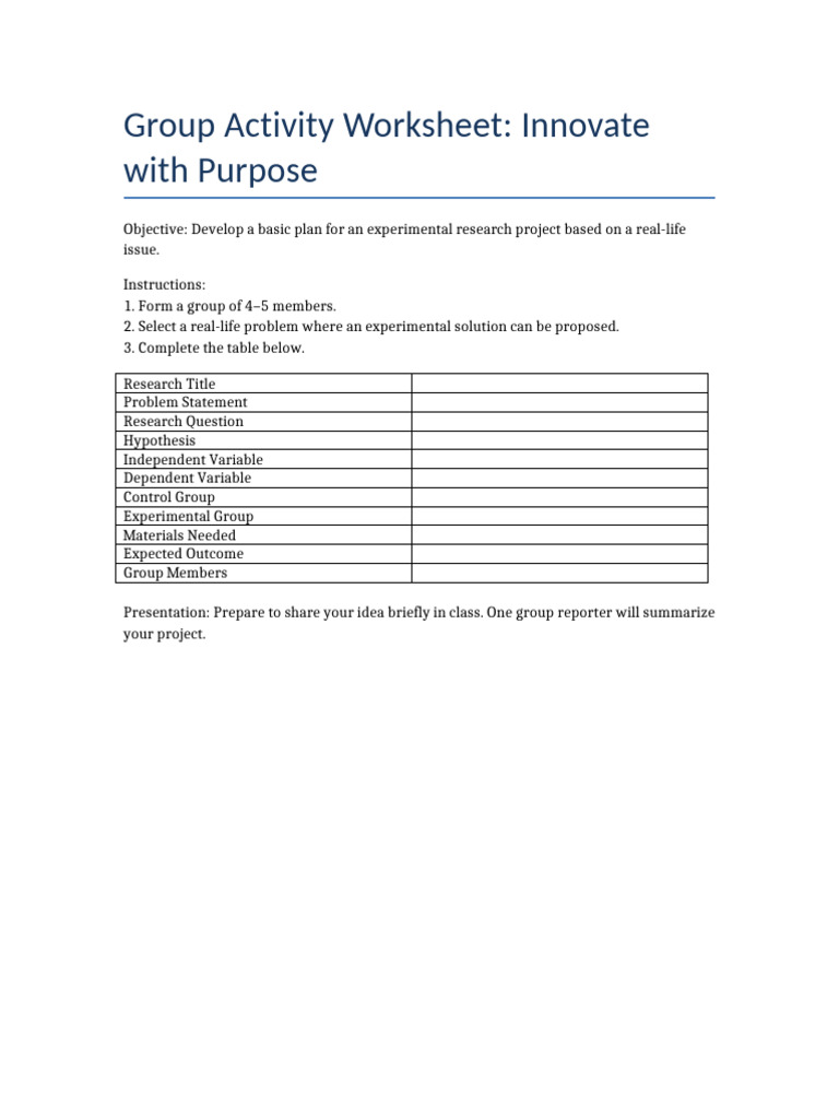 Group Activity Worksheet for Research Projects | PDF