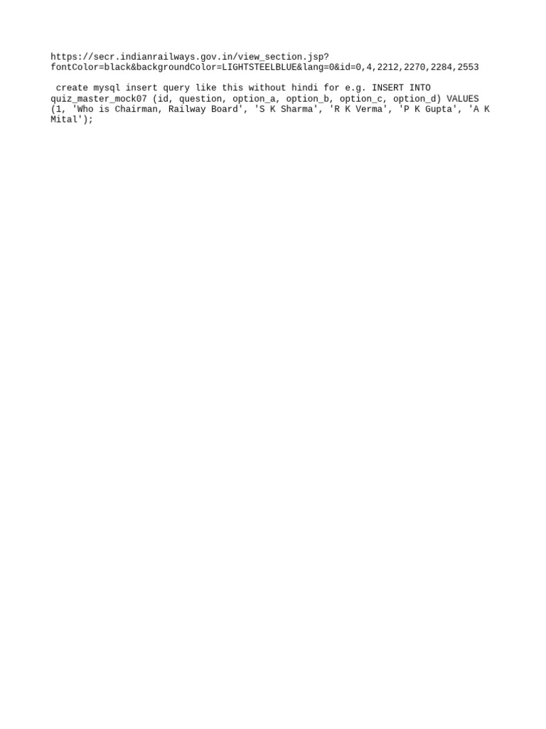 MySQL Insert Query Example for Quiz | PDF