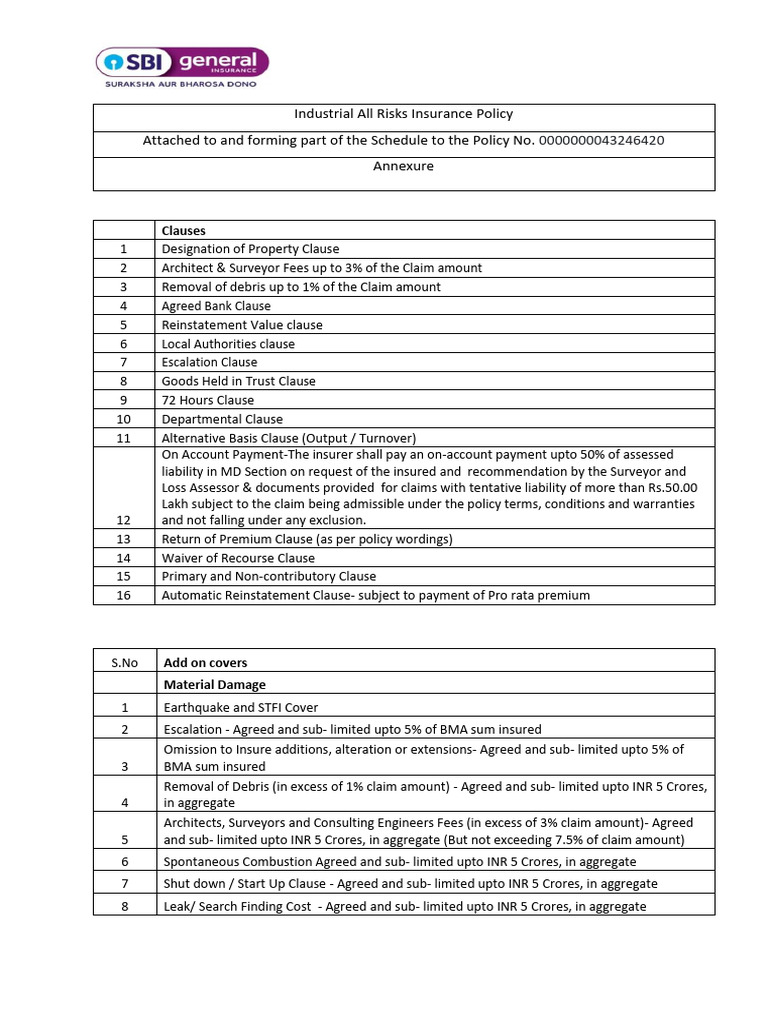 Industrial All Risks Insurance Clauses | PDF | Insurance | Deductible