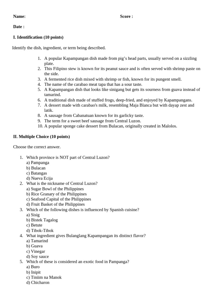Central Luzon Culinary Quiz | PDF | Cuisine | Food And Drink Preparation
