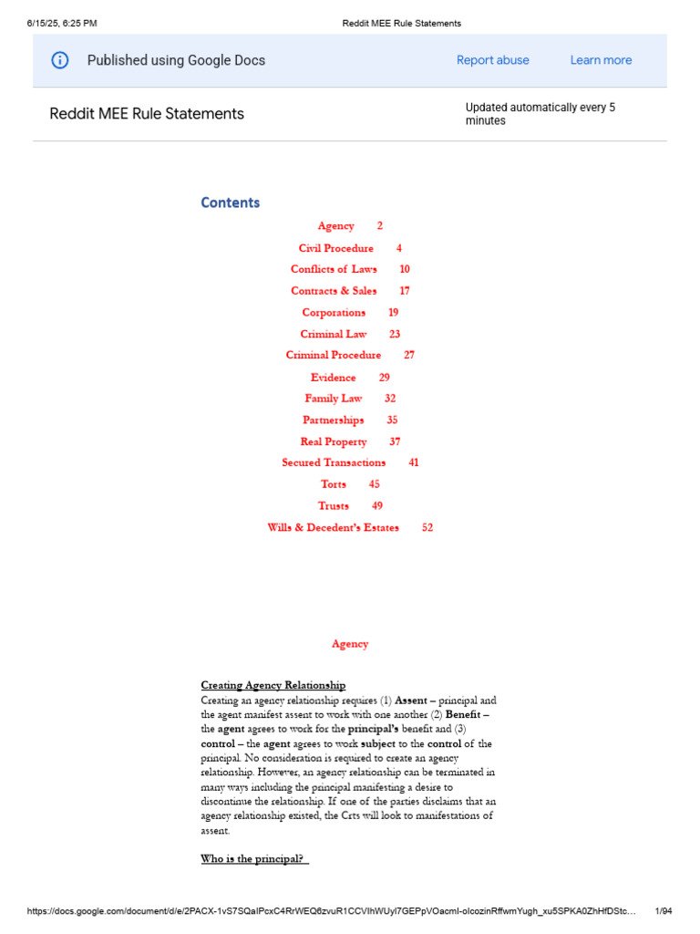 Reddit MEE Rule Statements Overview | PDF | Law Of Agency | Legal Liability