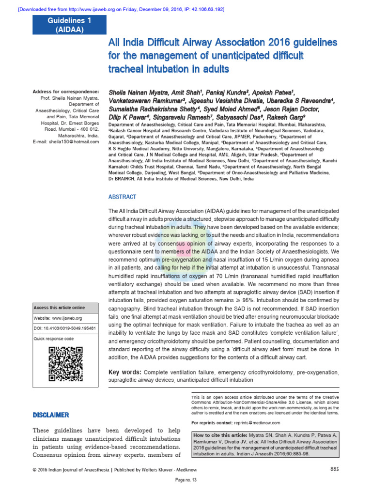 AIDAA 2016 Guidelines for Intubation | PDF | Apnea | Clinical Medicine