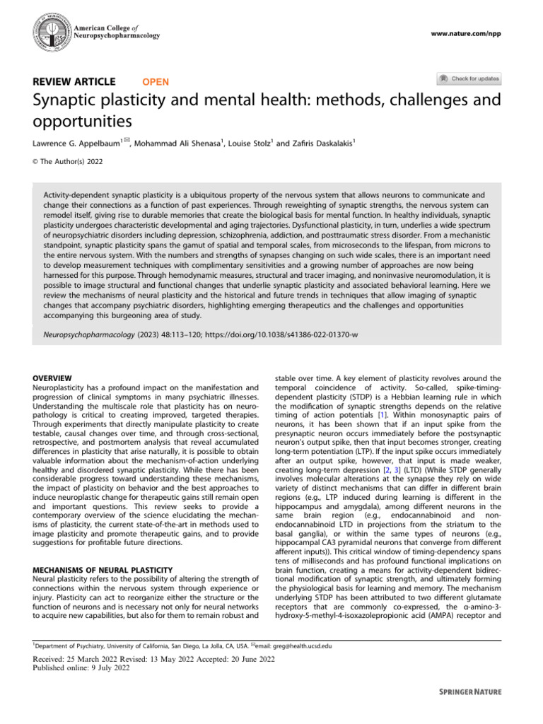 Synaptic Plasticity and Mental Health Insights | PDF | Neuroplasticity ...