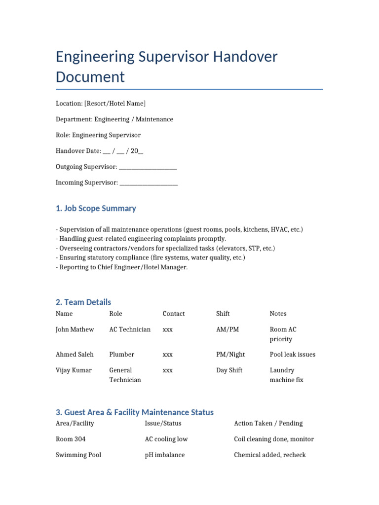 Engineering Supervisor Handover Guide | PDF | Elevator