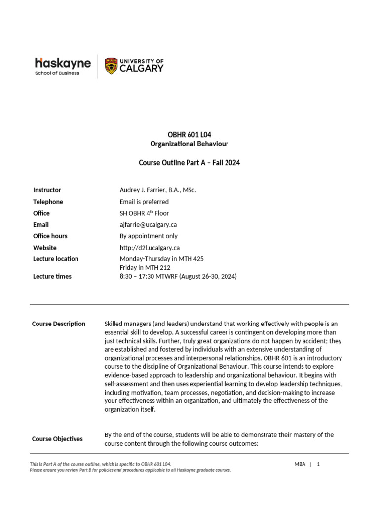 OBHR 601 L04 Course Outline Fall 2024 | PDF | Integrity | Learning