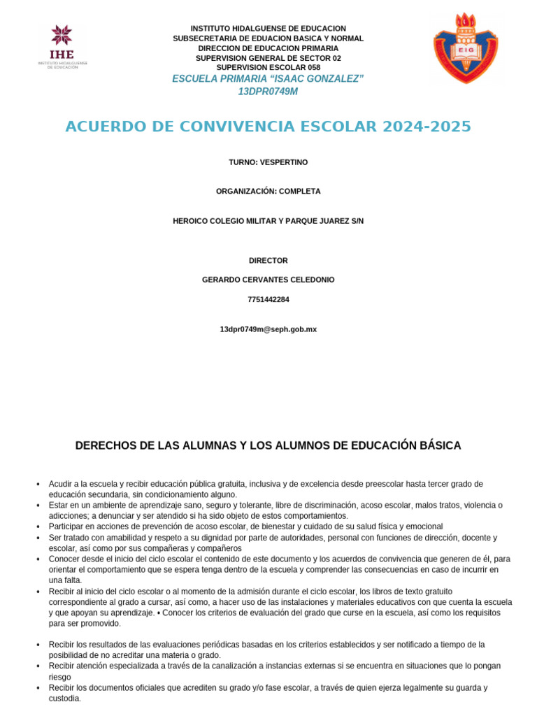 Acuerdo de Convivencia Escolar 2024-2025 | PDF | Escuelas | Violencia