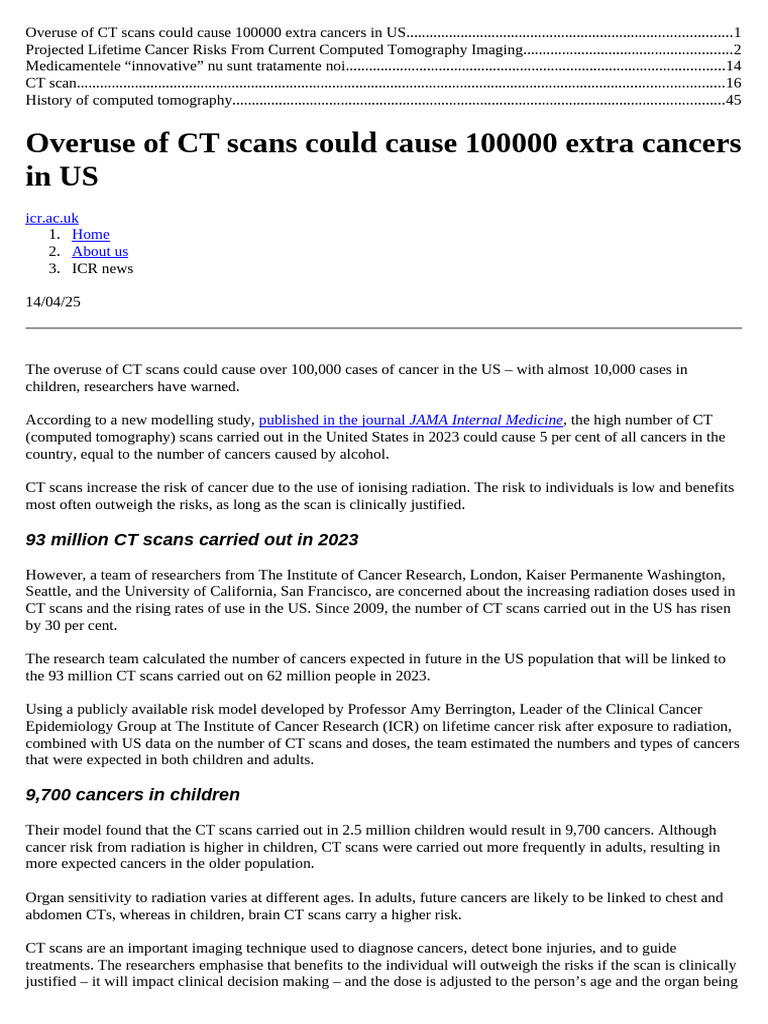 Overuse of CT Scans Could Cause 100000 Extra Cancers in US | PDF | Ct ...