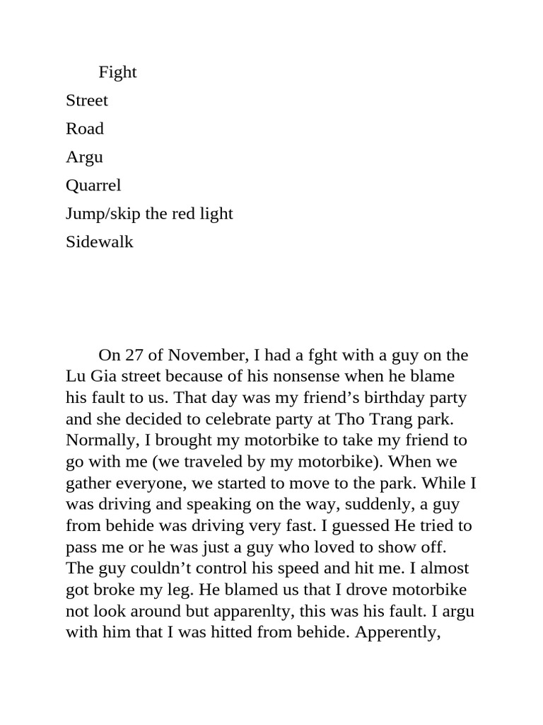 Motorbike Accident and Argument Story | PDF