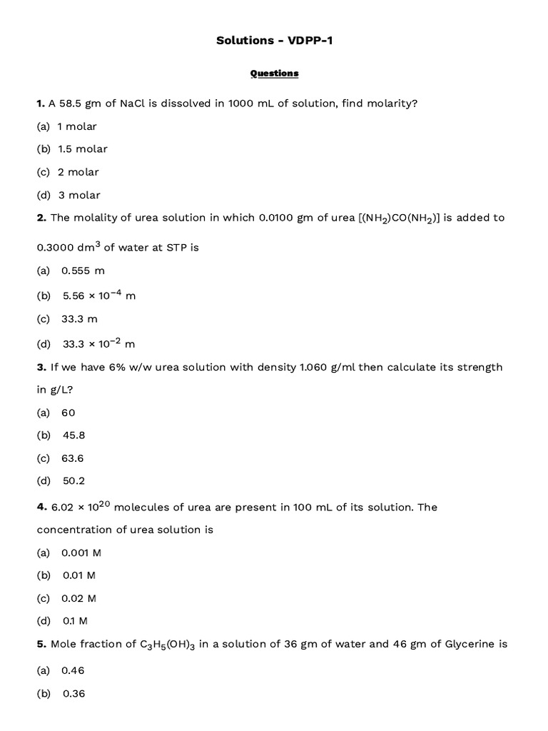 Solutions Practice Questions | PDF | Molar Concentration | Physical ...