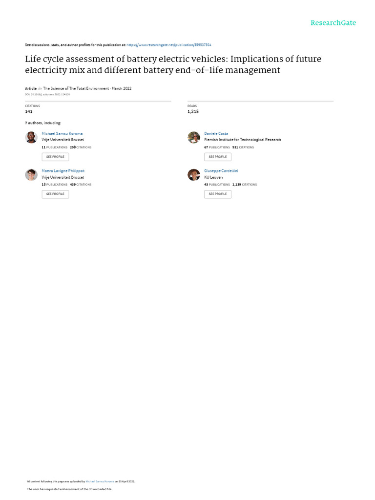 LCA of Battery Electric Vehicles | PDF | Life Cycle Assessment ...