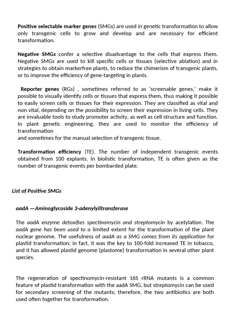 Selectable Marker Genes in Plant Transformation | PDF | Green ...