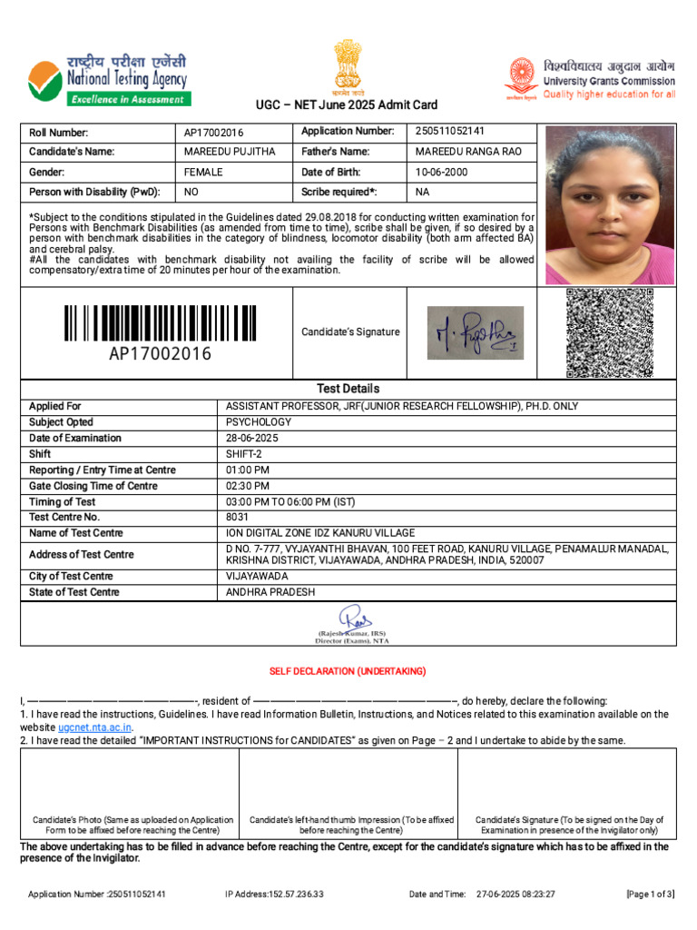 UGC NET June 2025 Admit Card Details | PDF