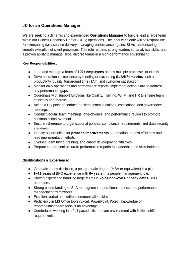 Operations Manager Job Description | PDF | Leadership | Performance ...