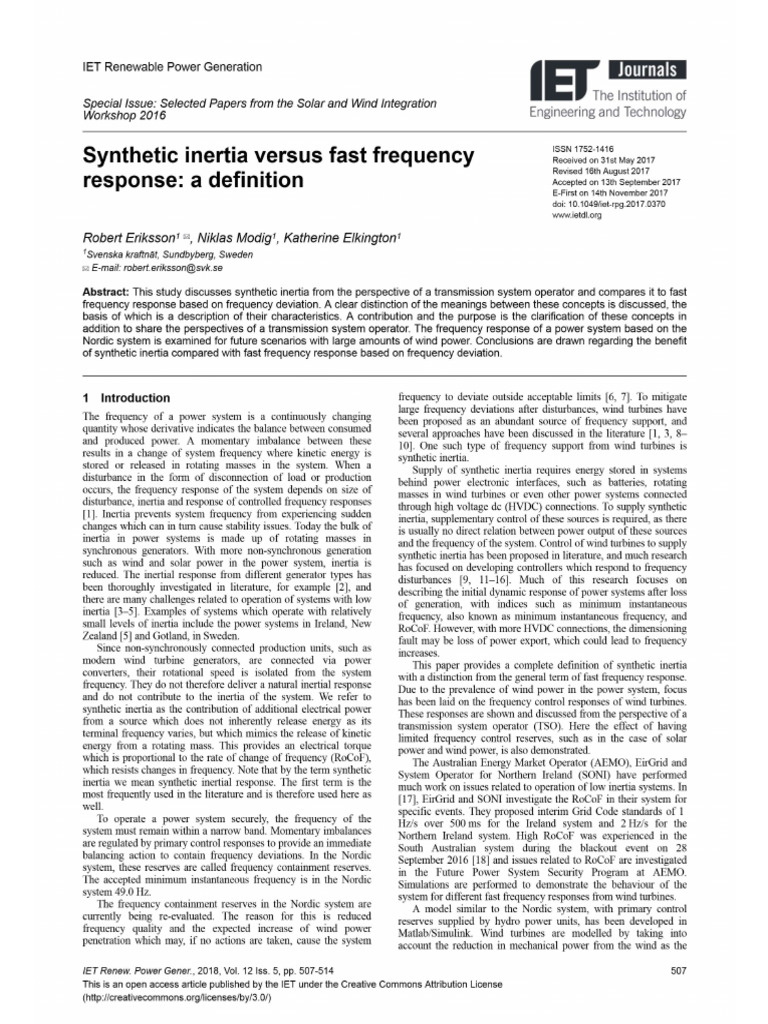 Fast Frquency Response + Synthetic Inertia | PDF