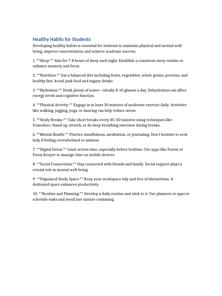 Essential Healthy Habits for Students | PDF