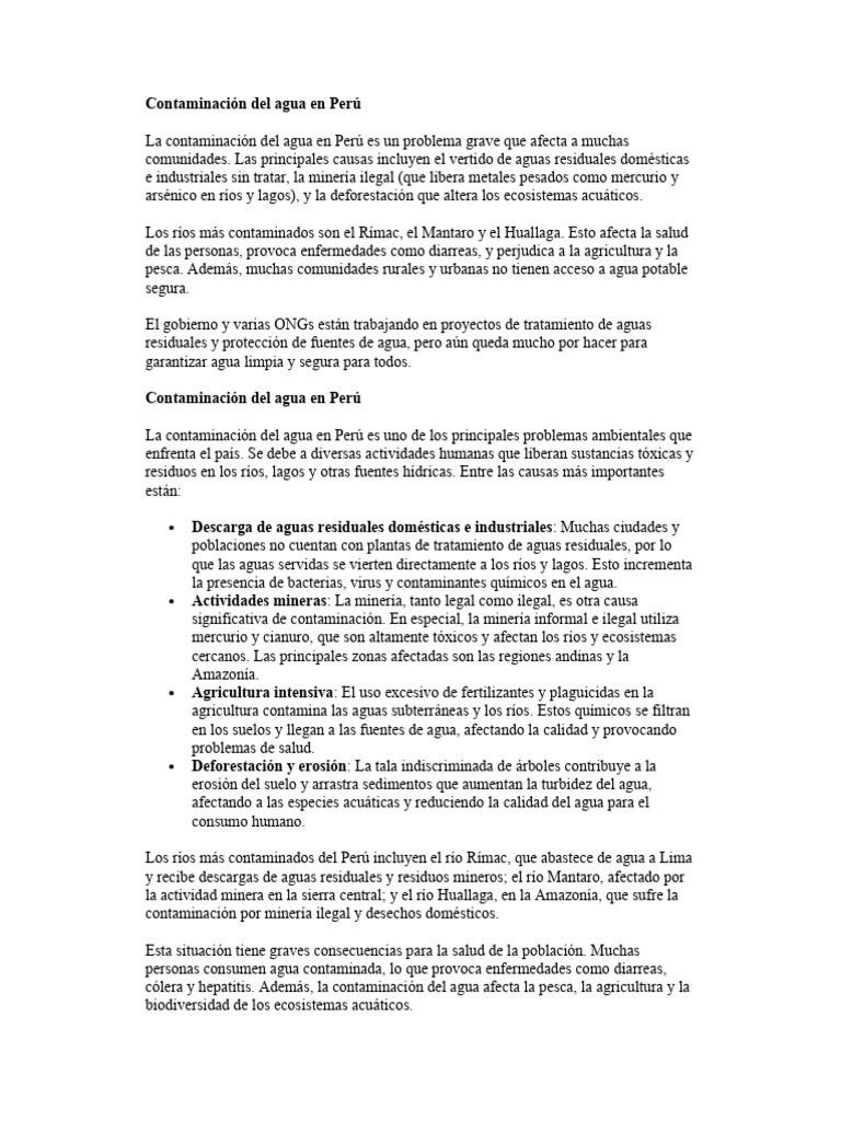 Contaminación del agua en Perú: causas y efectos | PDF | Agua ...