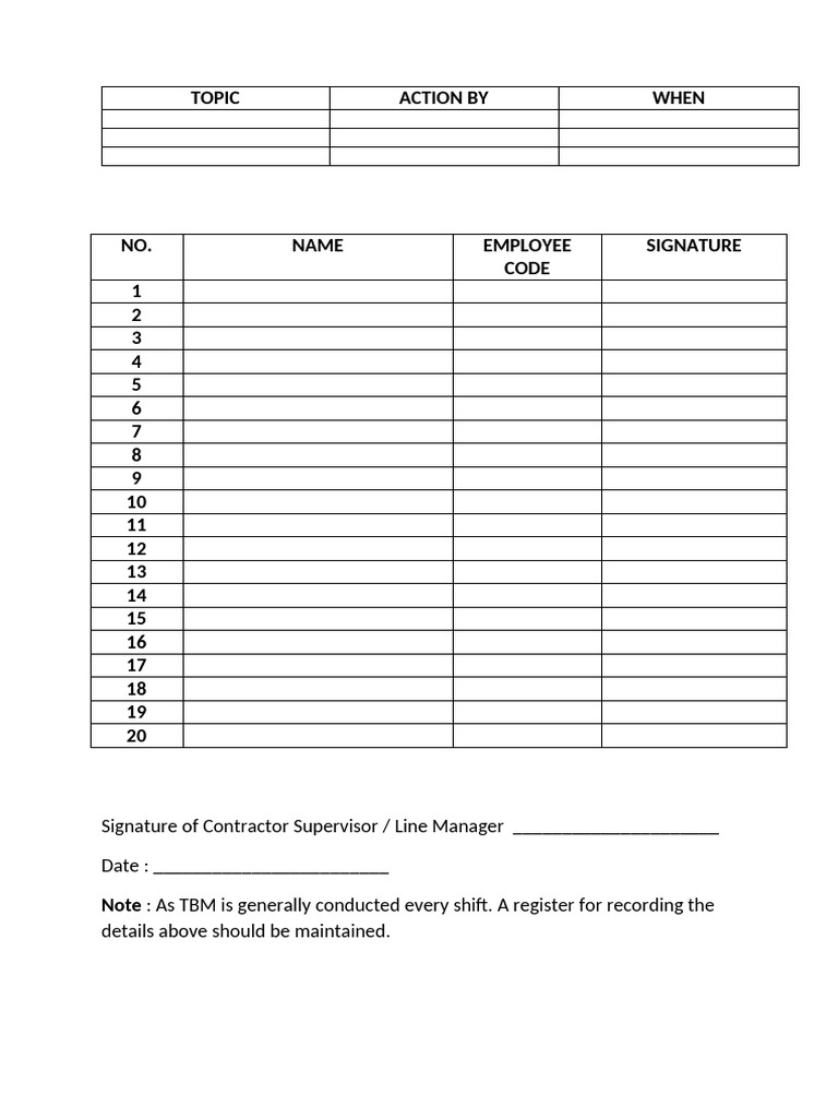TBM Shift Action Record Template | PDF