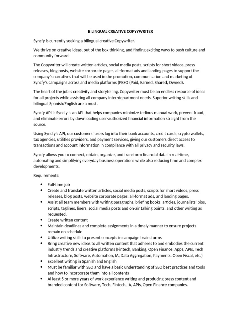 Bilingual Creative Copyywriter | PDF | Copywriting | Computing