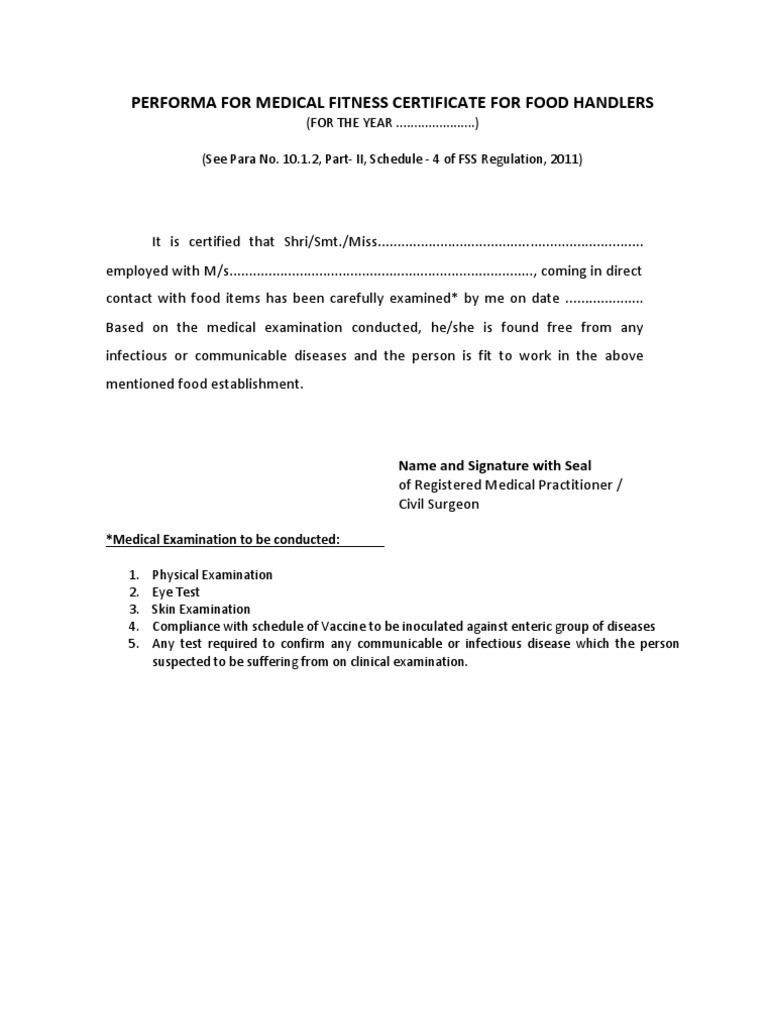 Medical Fitness Certificate(29!02!2012) Food Handlers