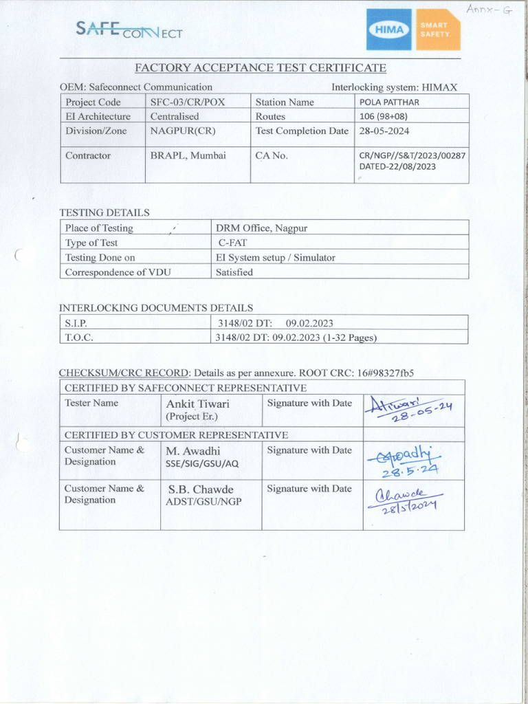 Factory Acceptance Test Certificate Details | PDF