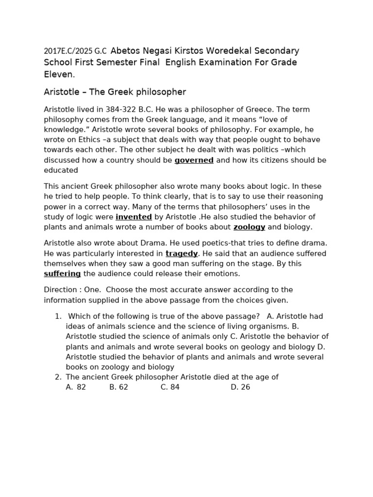 Grade 11 English Final Examination 2015 E.C | PDF | Aristotle | Tragedy