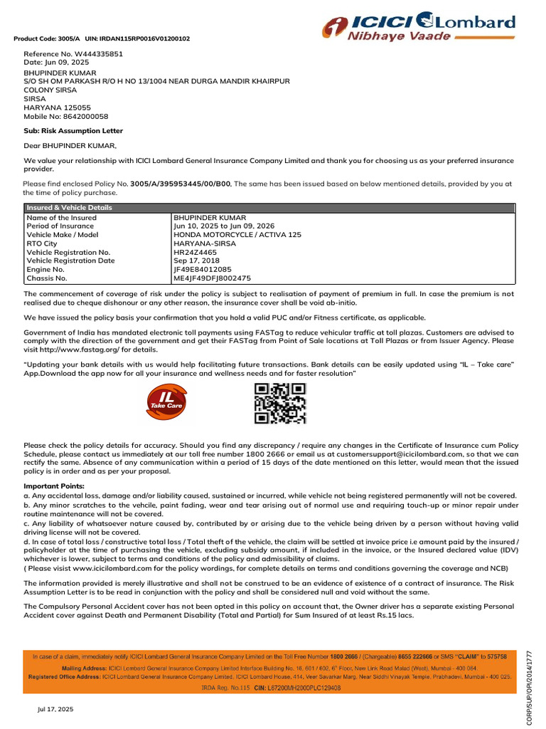 Sub: Risk Assumption Letter | PDF | Insurance | Pro Rata