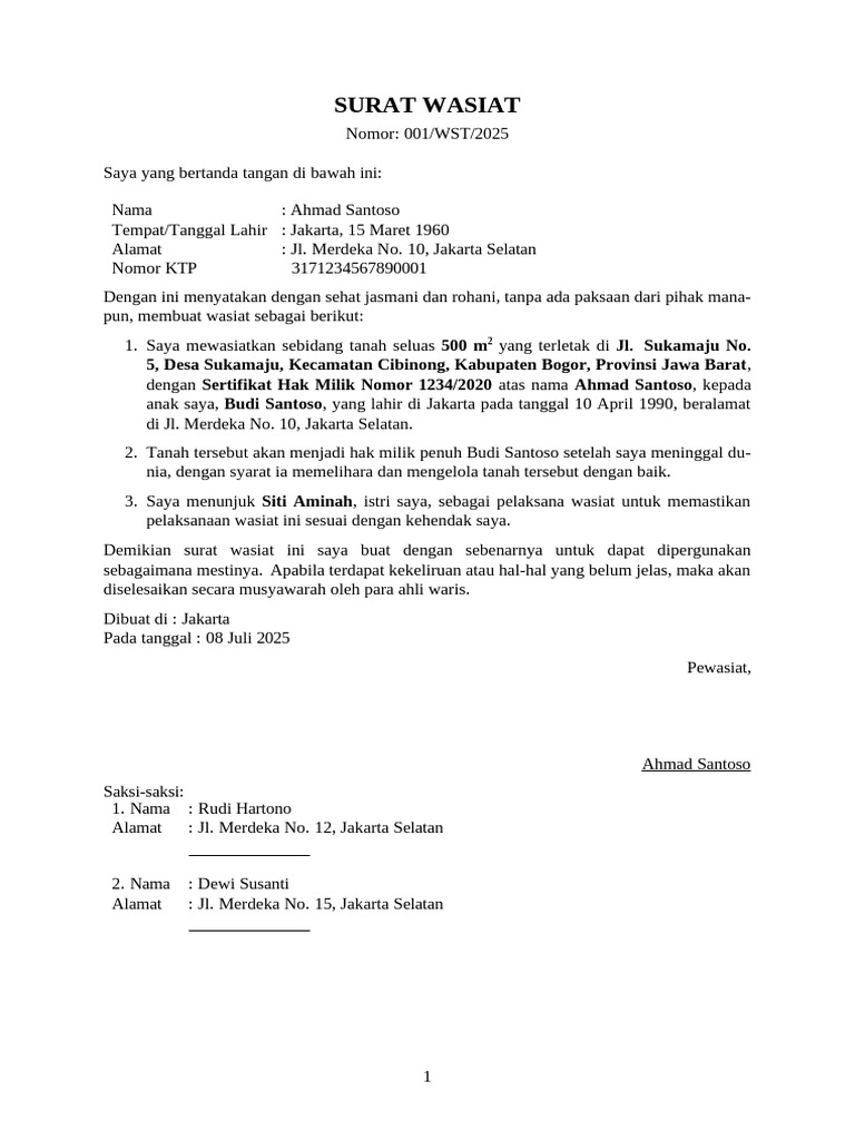 Contoh Surat Wasiat Tanah Ahmad Santoso | PDF