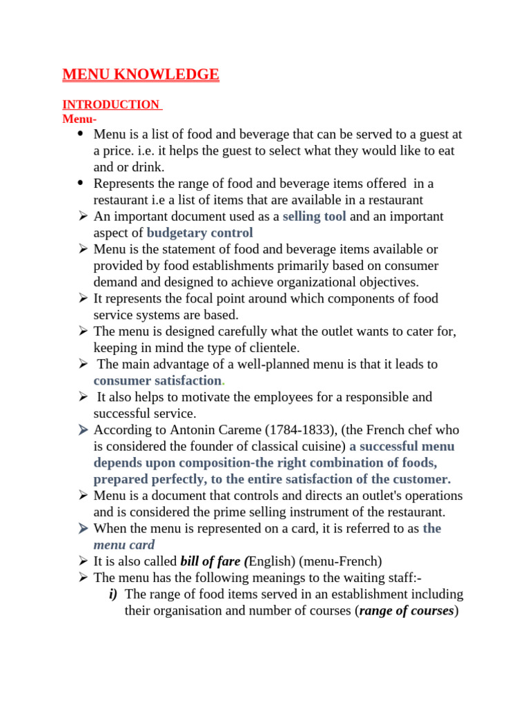 Combined Menu Knowledge | PDF | Menu | Hors D'oeuvre