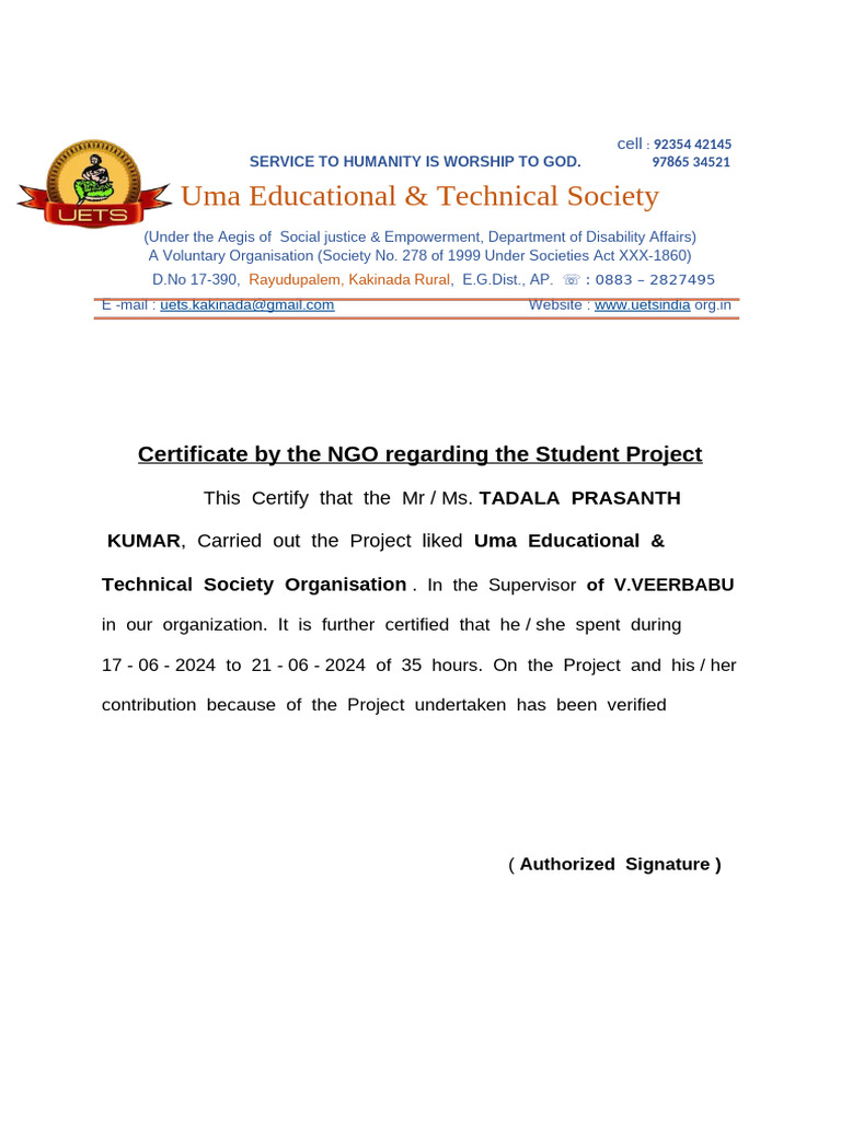 NGO Certificate for Student Project | PDF