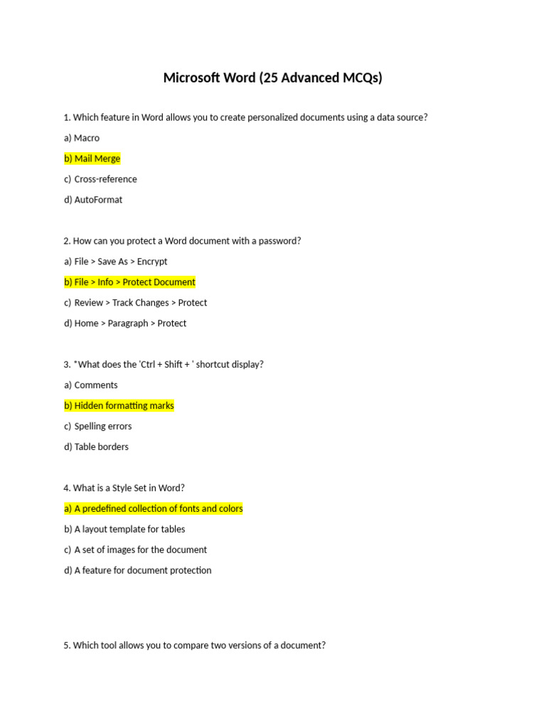 Advanced Microsoft Word MCQs Guide | PDF | Microsoft Word | Software