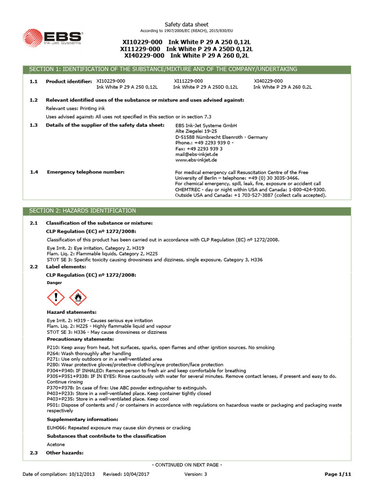 Safety Data Sheet for White Ink Products | PDF | Dangerous Goods | Toxicity