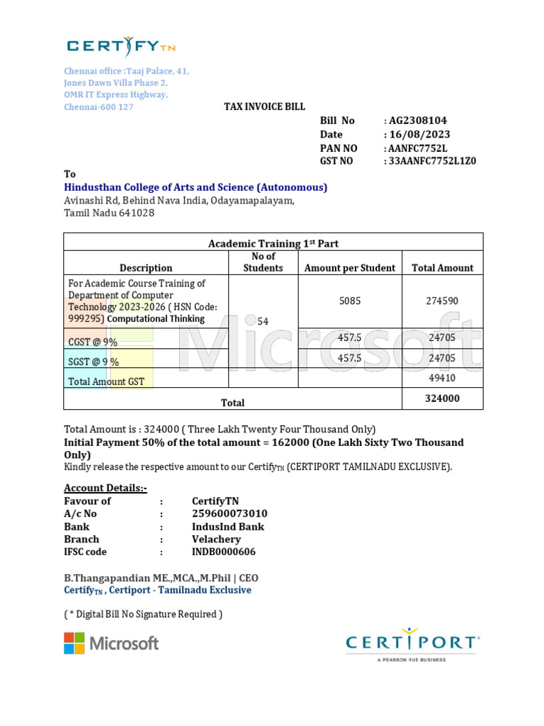 Tax Invoice for Academic Training | PDF