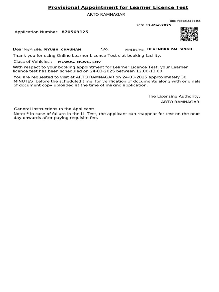 Learner Licence Test Appointment Notice | PDF