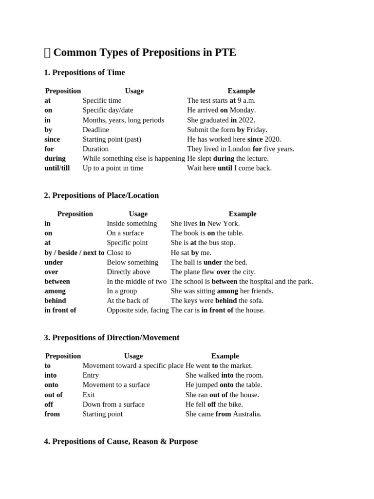 Prepositions Guide for PTE Success | PDF