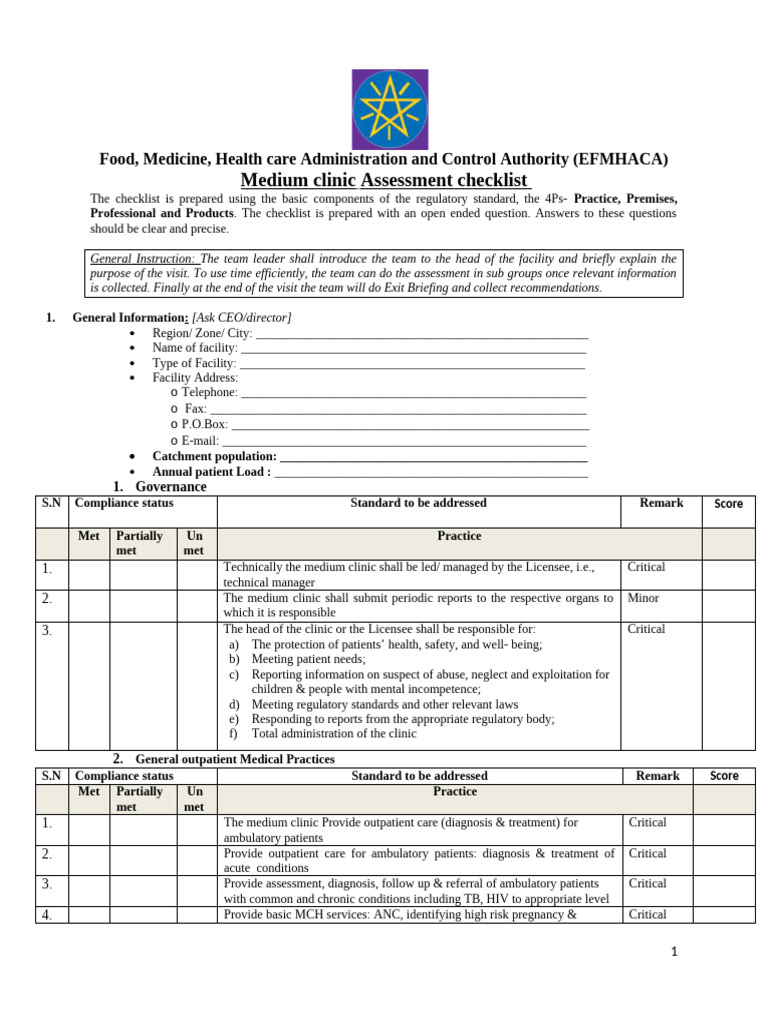 Medium Clinic Assessment Checklist PDF | PDF | Housekeeping | Sanitation