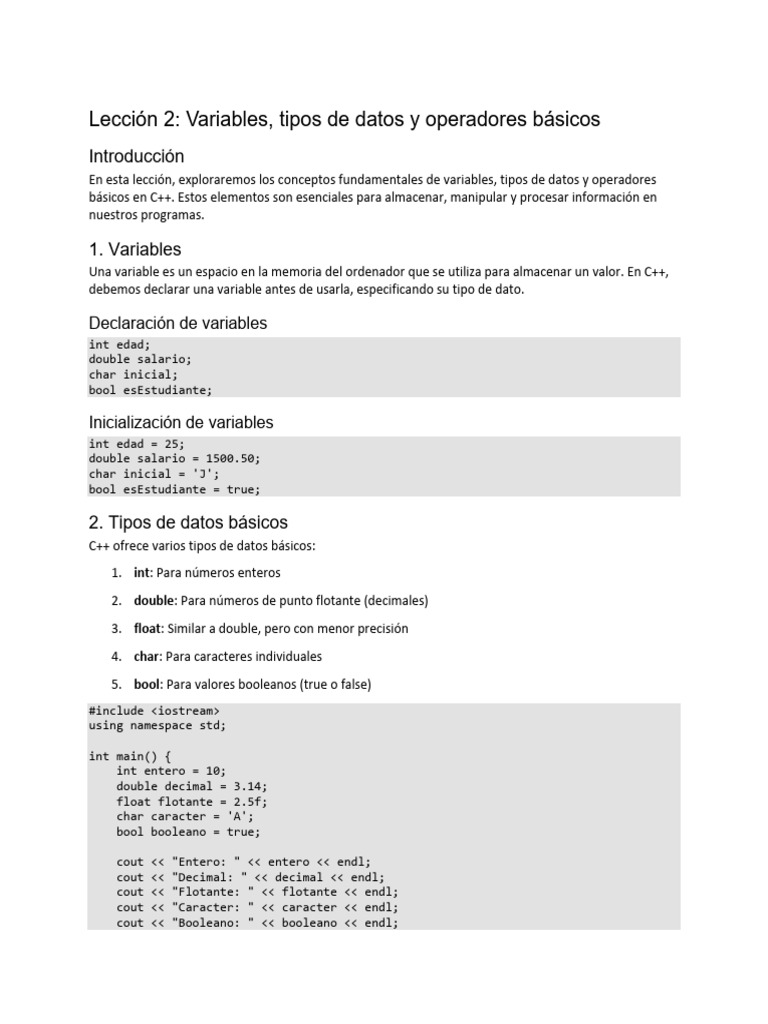 Variables y operadores en C++ | PDF | C ++ | Tipo de datos