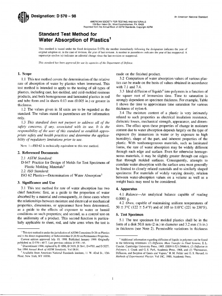 D570-98 Water Absorption | PDF