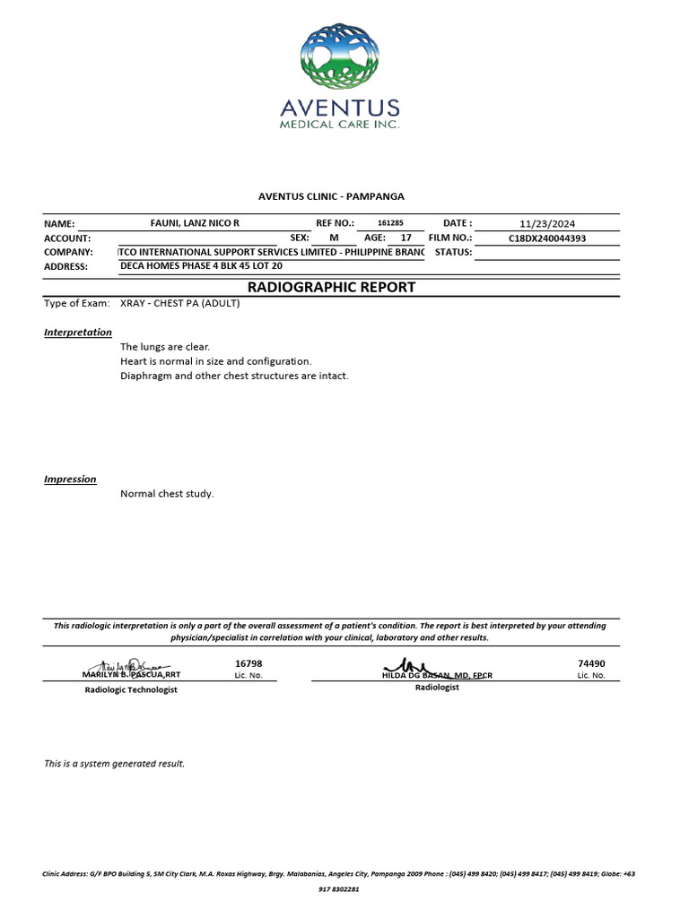 Normal Chest X-Ray Report Summary | PDF