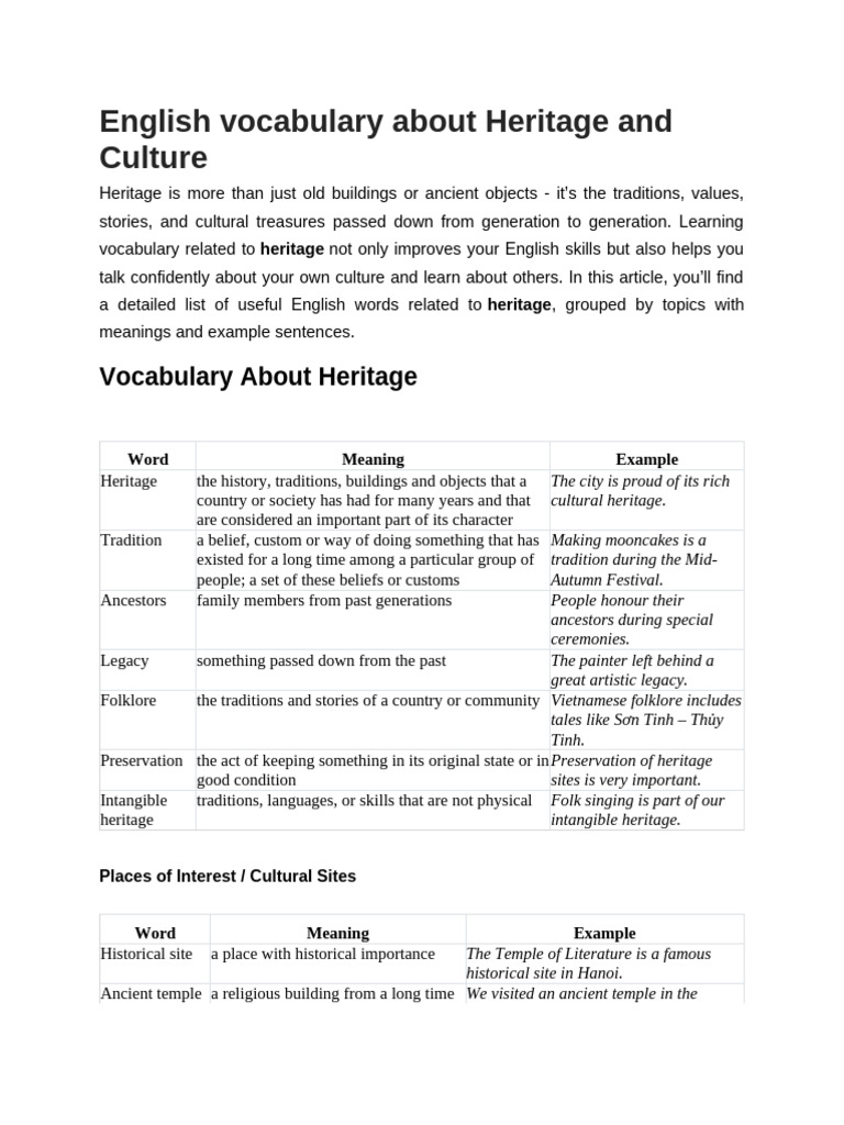Heritage and Culture Vocabulary Guide | PDF | Traditions | Folklore