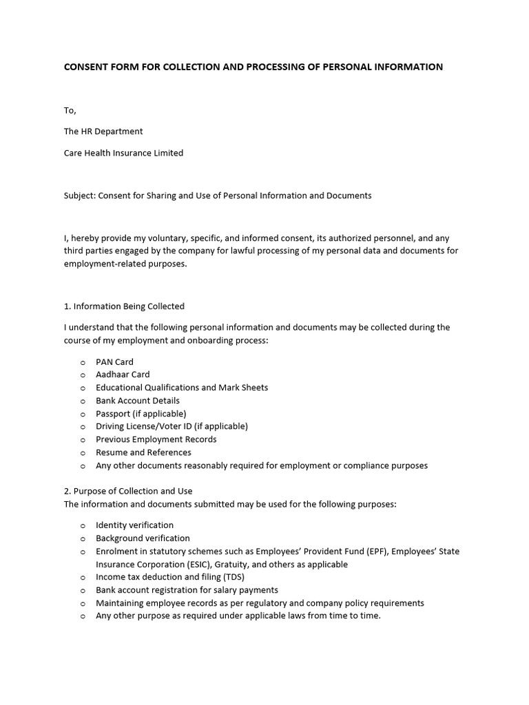 Consent Form For Collection and Processing of Personal Information ...