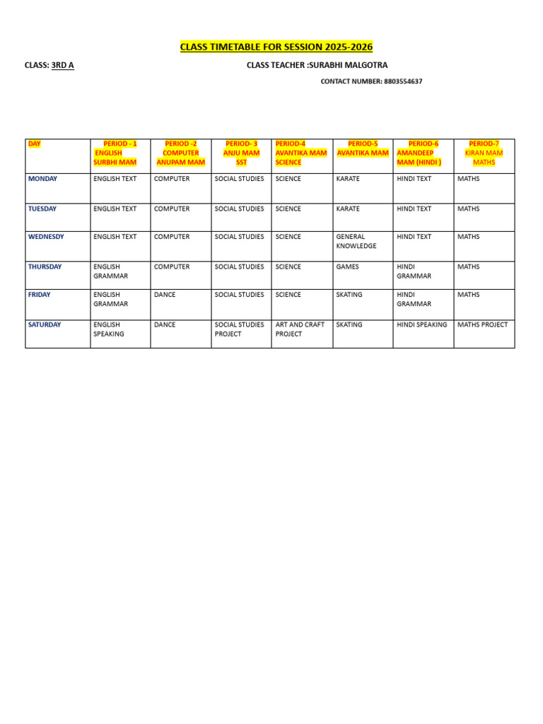 3rd Class Timetable 2025-2026 | PDF