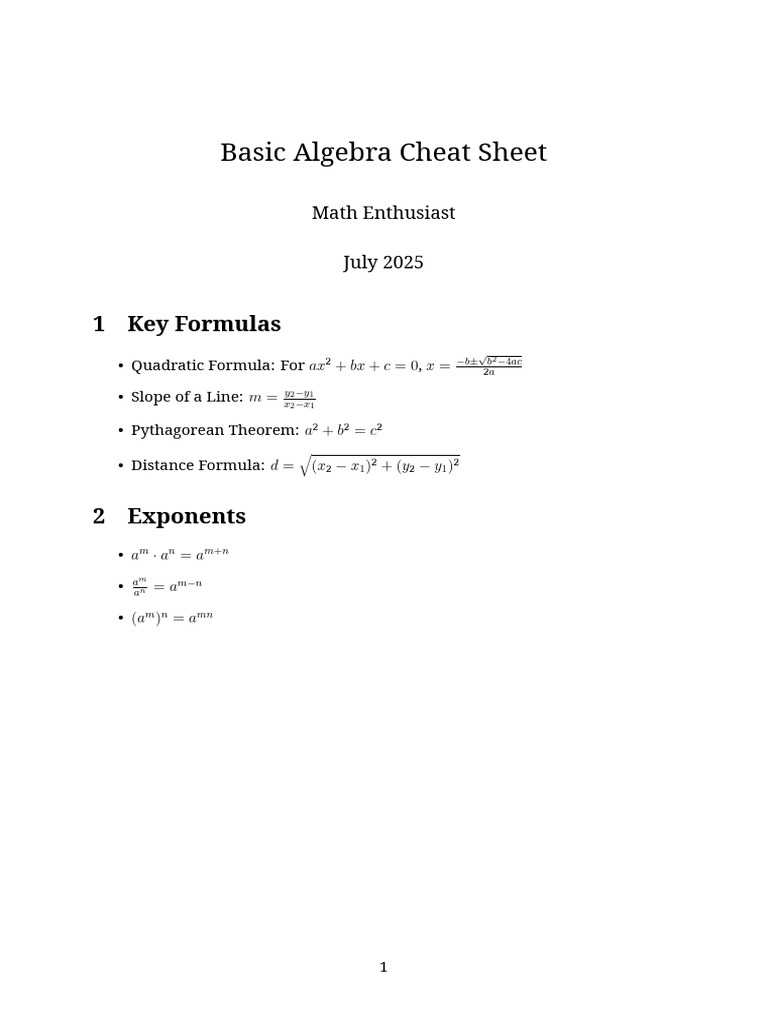 Basic Algebra Cheat Sheet: 1 Key Formulas | PDF