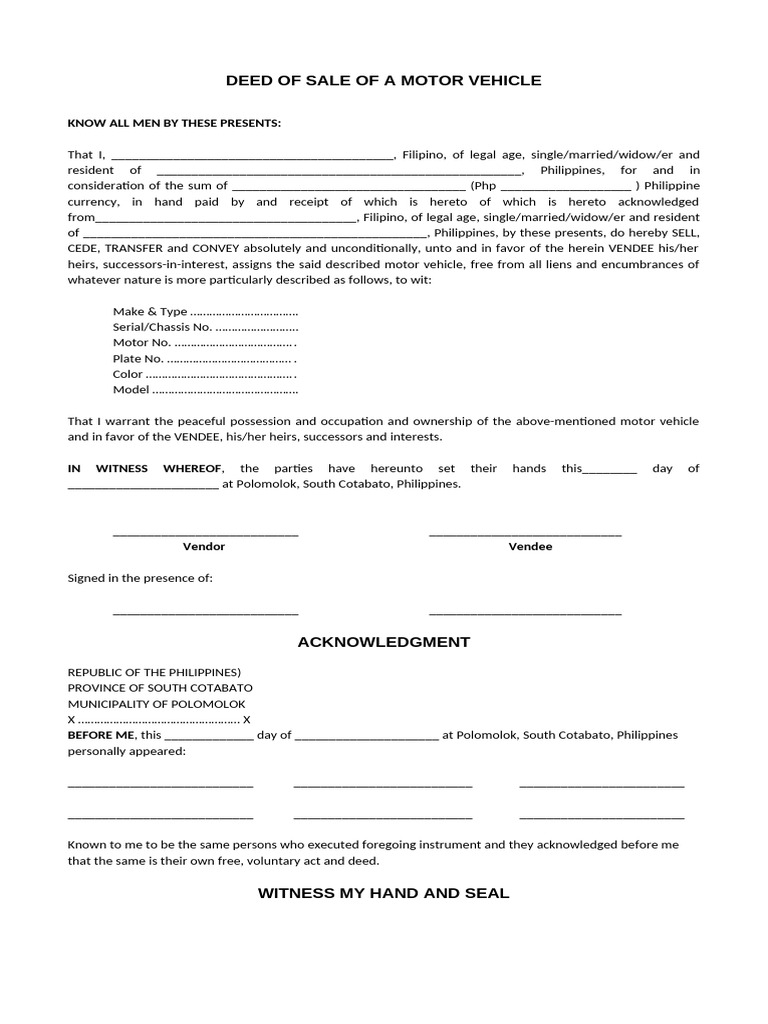Motor Vehicle Sale Agreement Template | PDF | Deed | Land Law