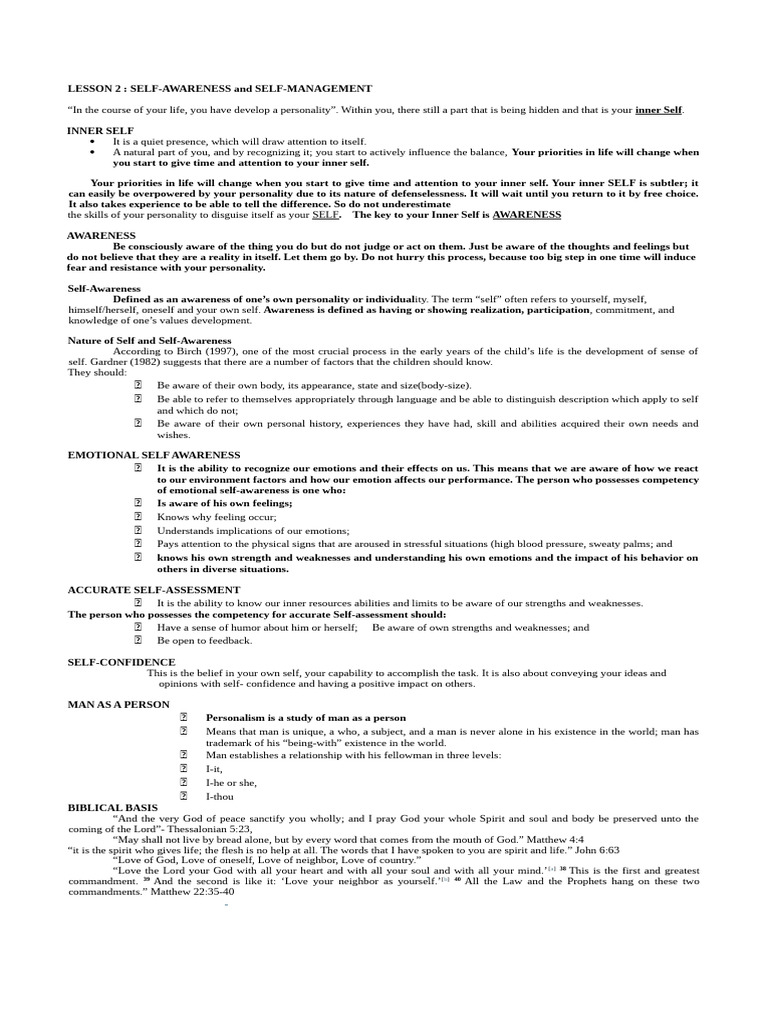 Self-Awareness and Self-Management Guide | PDF | Attitude (Psychology ...