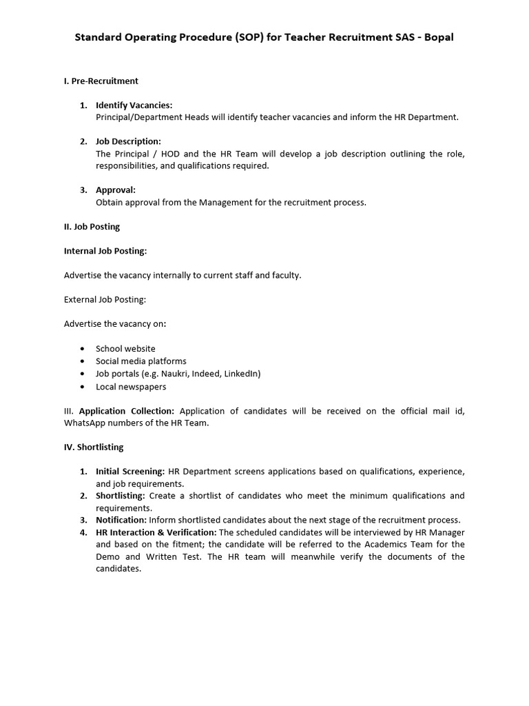 Teacher Recruitment SOP for SAS Bopal | PDF | Recruitment