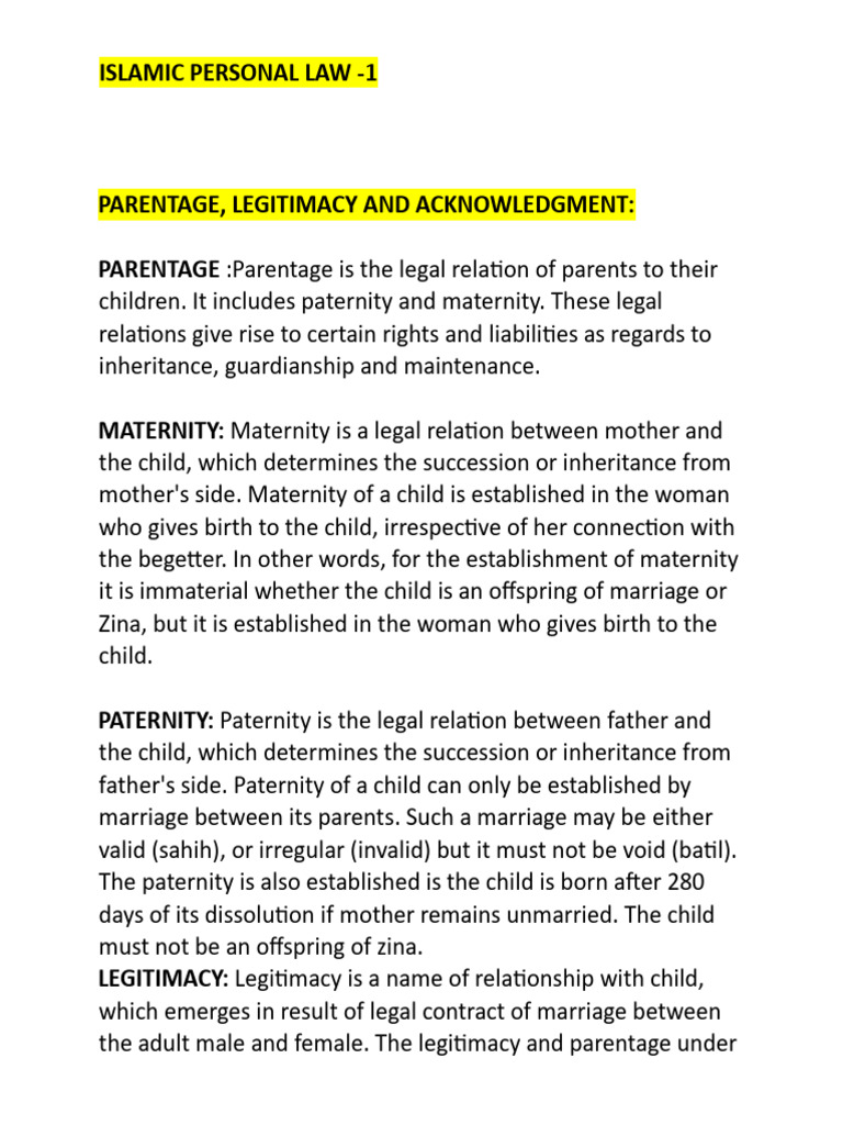 Parentage Islmaic Personal - 1 | PDF | Marriage | Legitimacy (Family Law)