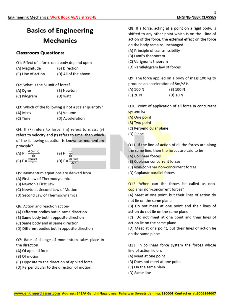 Workbook Engineering Mechanics II en Classes II Abhey Sir | PDF | Force ...