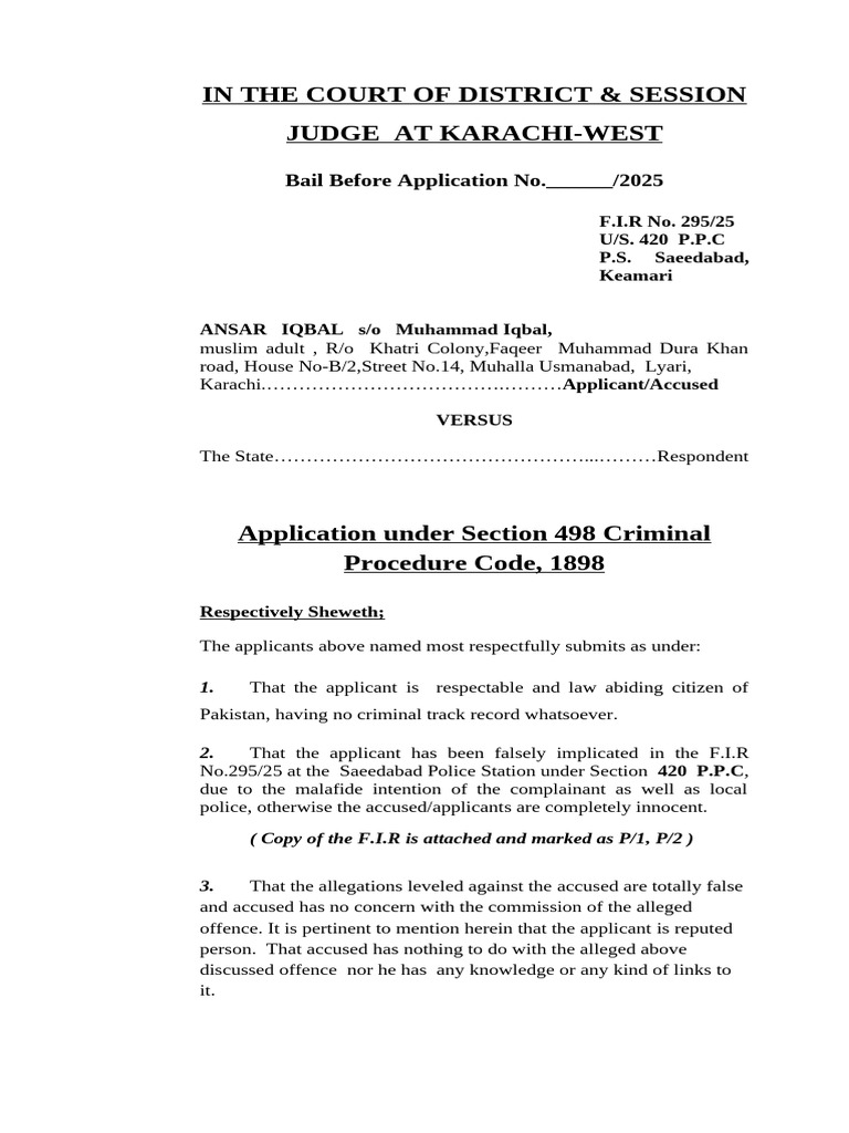 Bail Application for Ansar Iqbal, Karachi | PDF | Bail | Misconduct