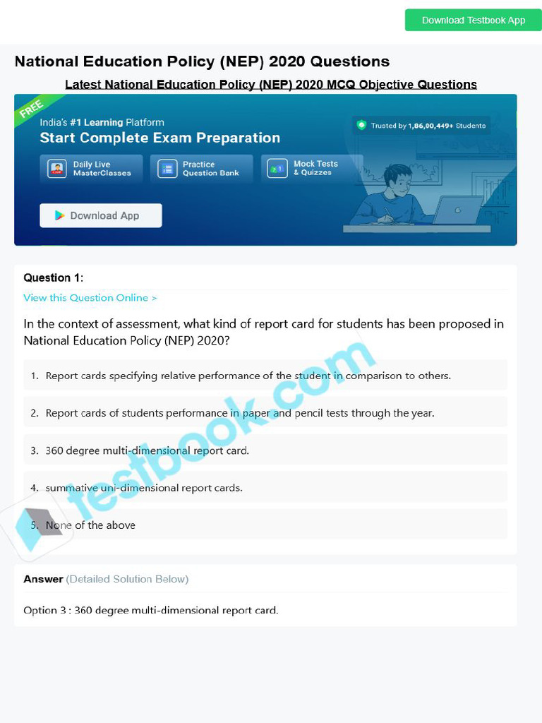 MCQ On National Education Policy Nep 2020 621f7275b9516ab546f0b29a | PDF